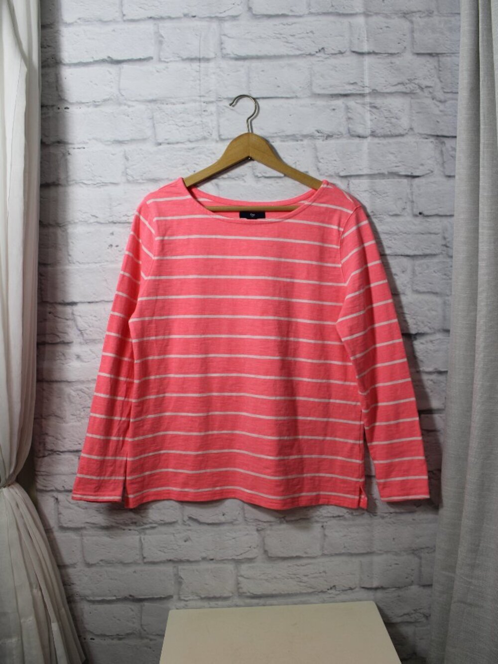 Gap Medium Bright Pink White Striped Longsleeve Cotton Blend Casual Tee